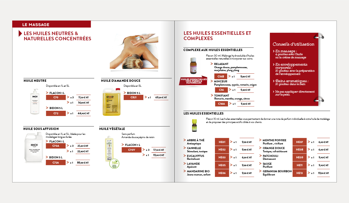 Pages de catalogue présentant des huiles de massage et produits de bien-être