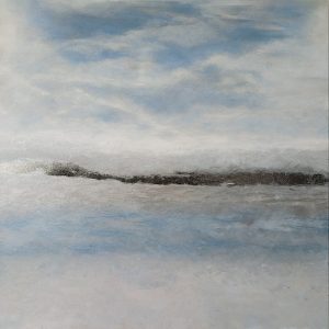 Peinture contemporaine représentant la mer et l’horizon dans des tons gris bleutés